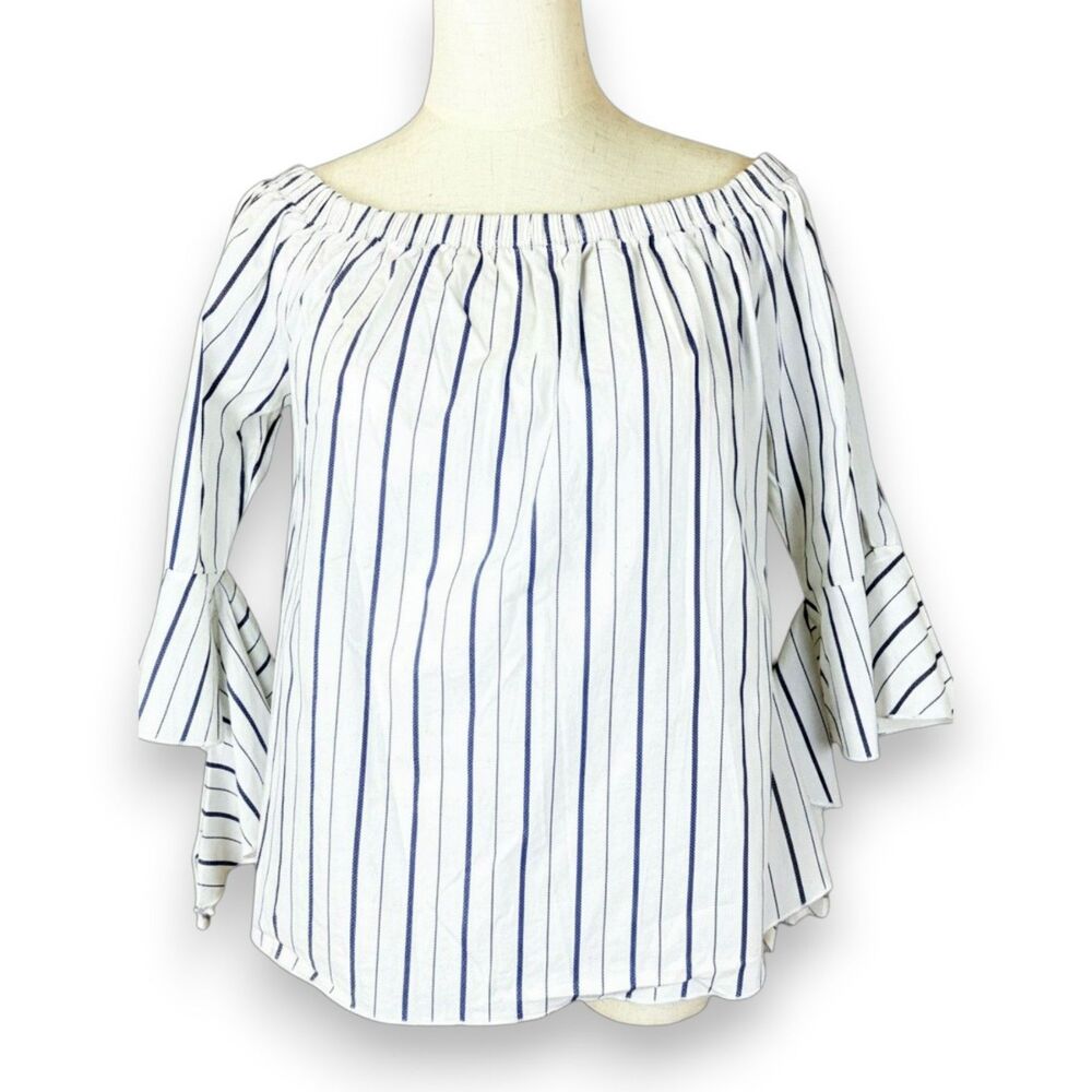 Sweet Wanderer Off Shoulder Blue Stripe Bell Sleeve Boho Peasant Top Large